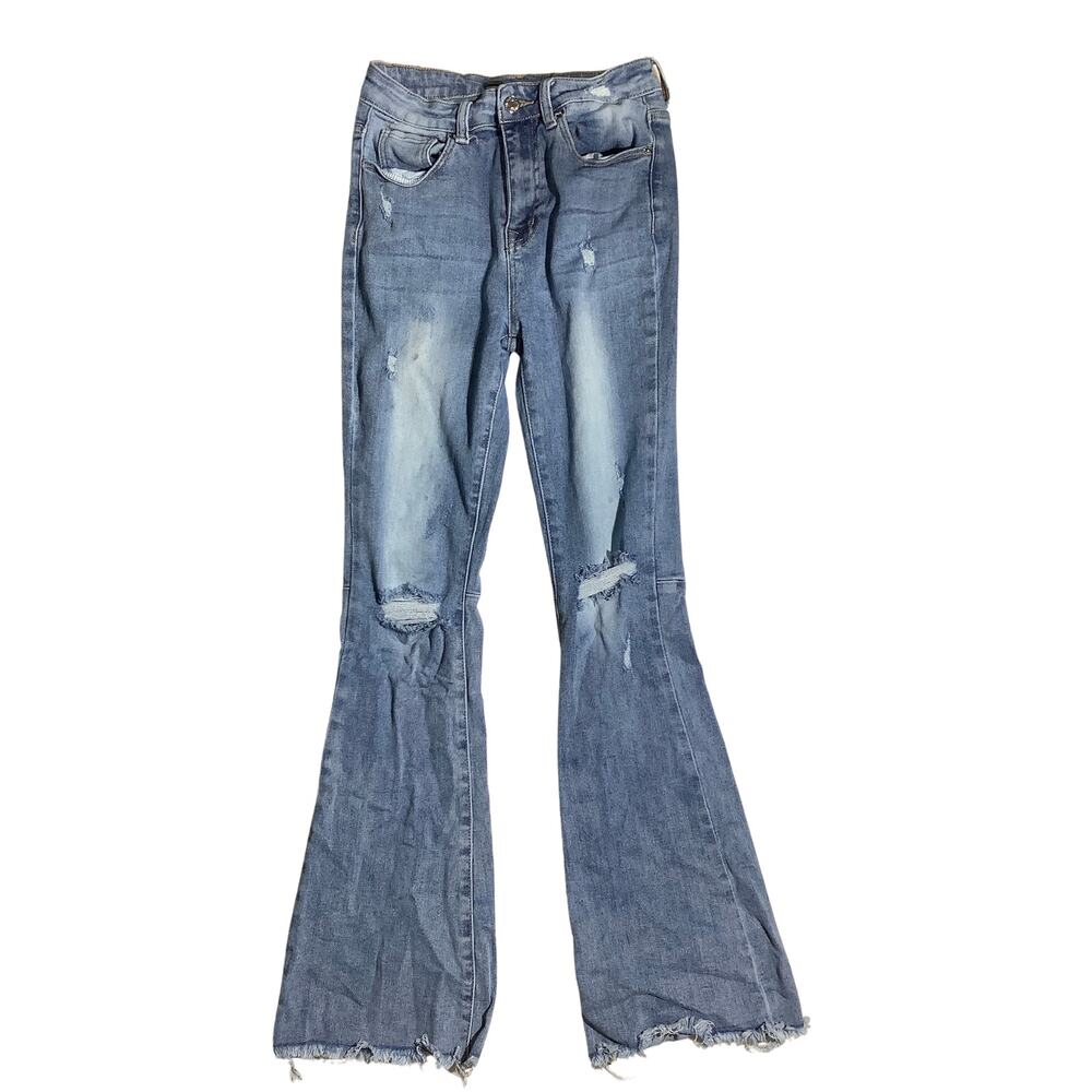 Risen Denim Blue Distressed Flare Jeans Women 26/3 — Boho, Frayed, Vintage Style